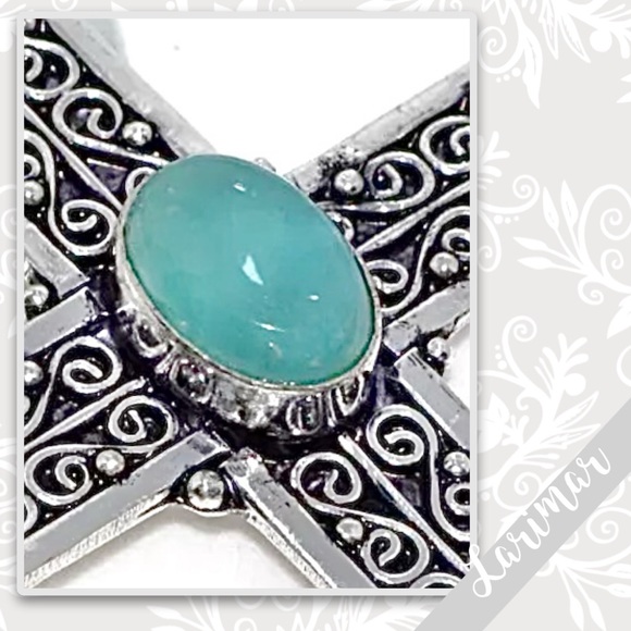 Larimar Large Silver Eclectic Artisan Cross Pendant, 3” (Aqua Blue-Green) - Picture 2 of 2